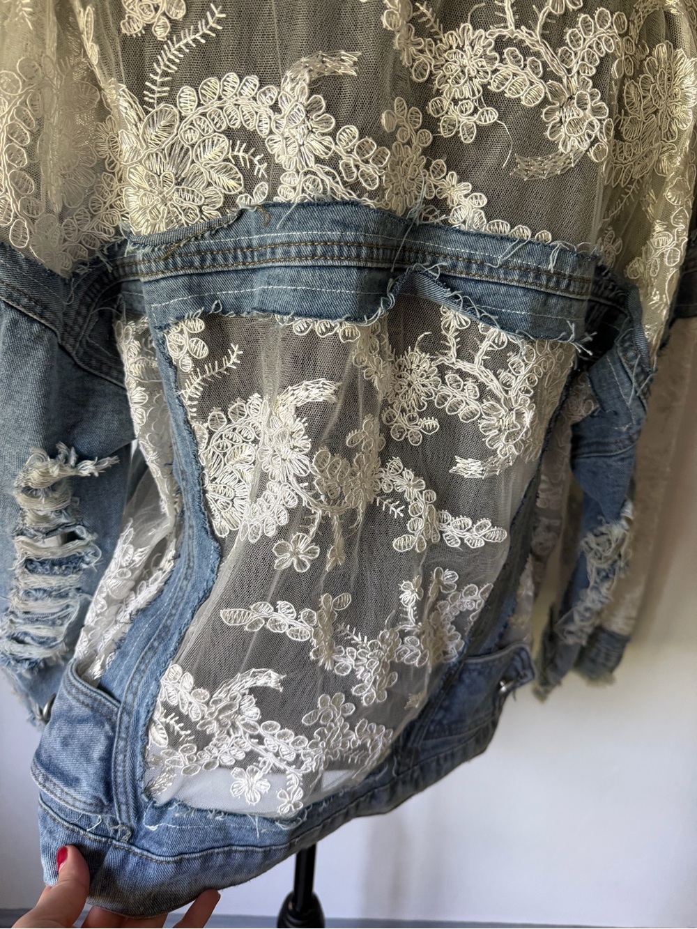 Lace Panel Distressed Light Wash Denim Jacket - Picture 8 of 11